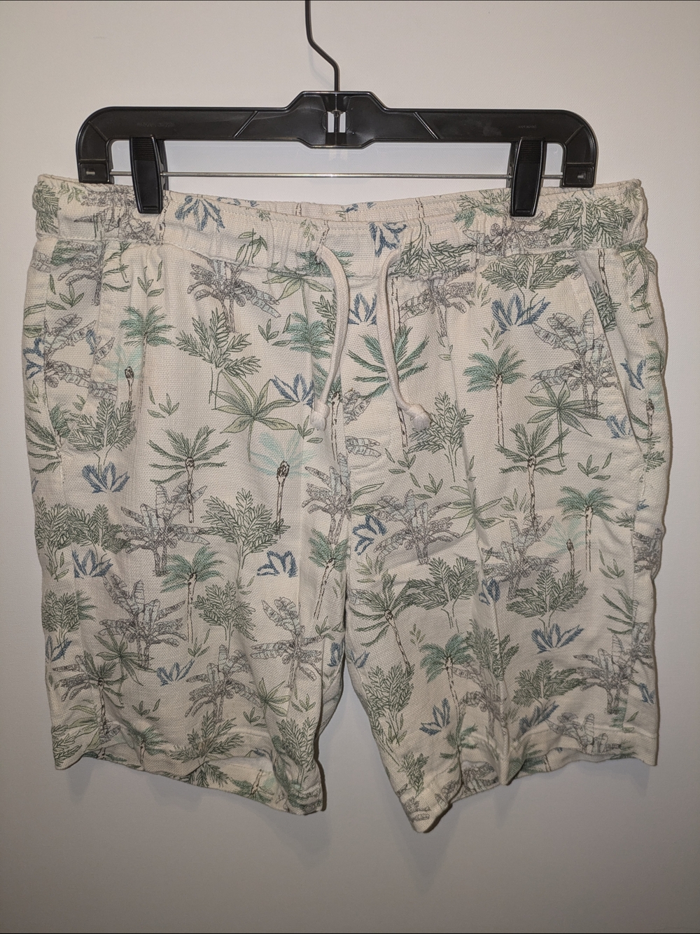 Zara Cream Drawstring Shorts with Green & Blue Palm Print Large - Picture 1 of 6